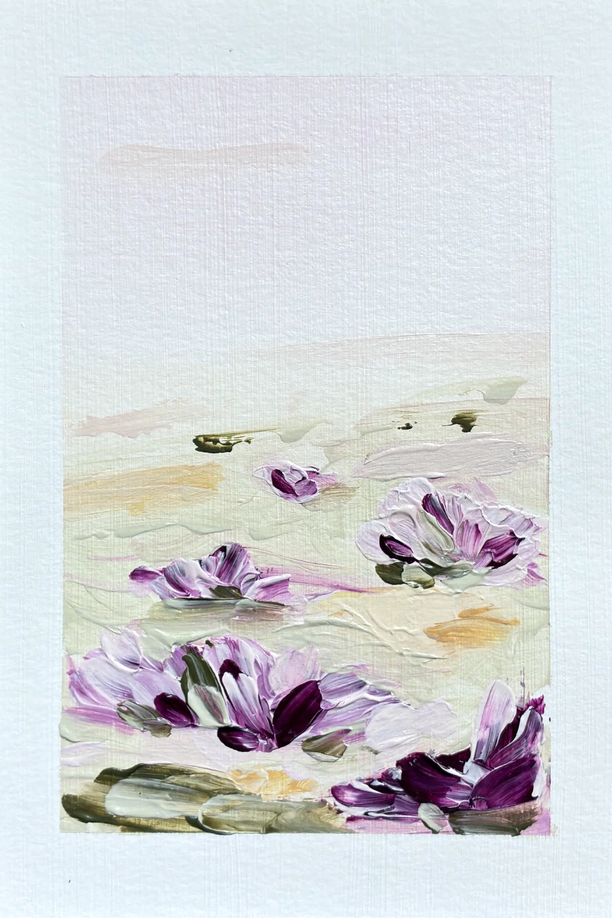 Deep Bloom, an unframed impressionist painting of deep purple flowers in a pale meadow