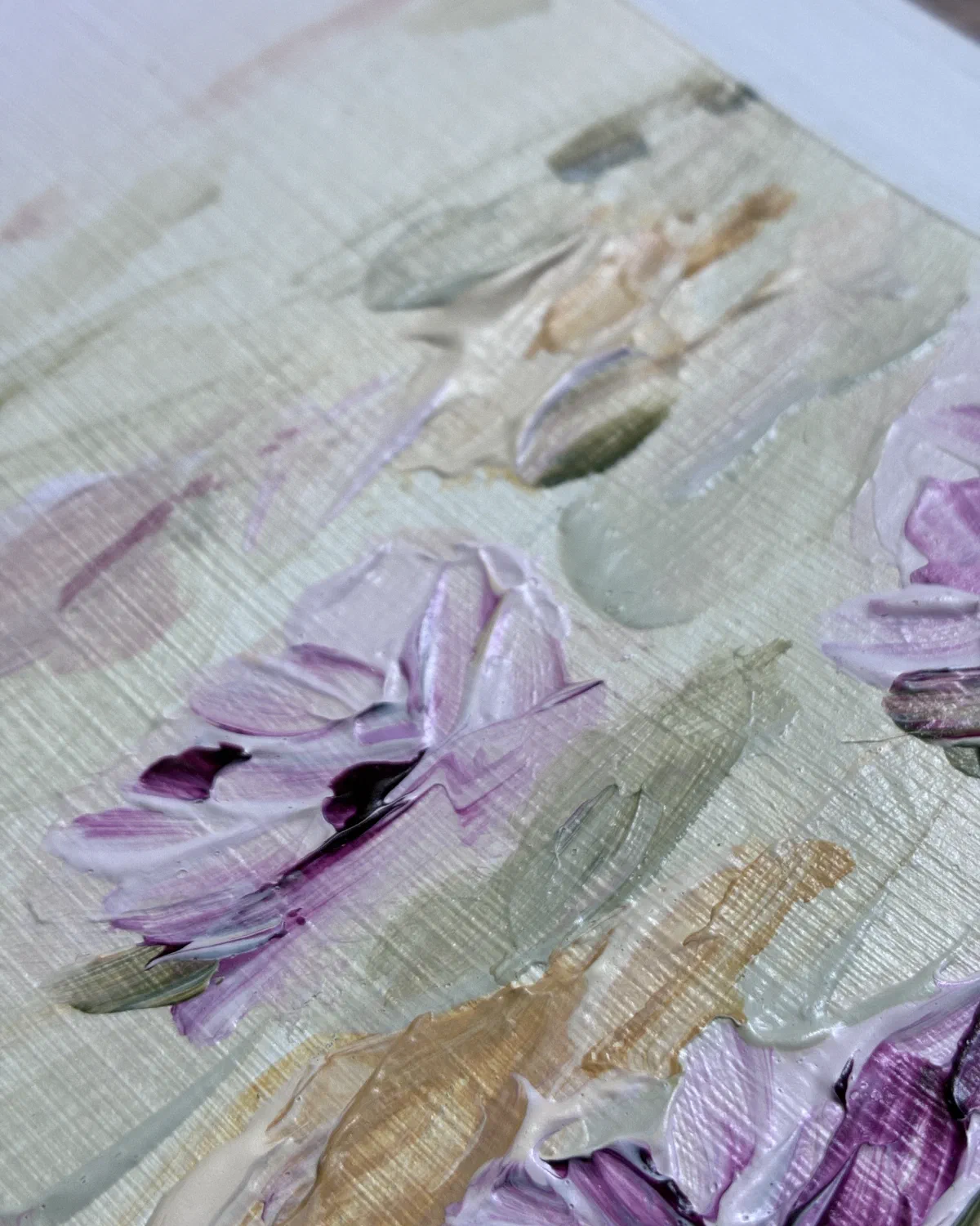 Close detail of Soft Mist, showing thick brushstrokes and canvas texture