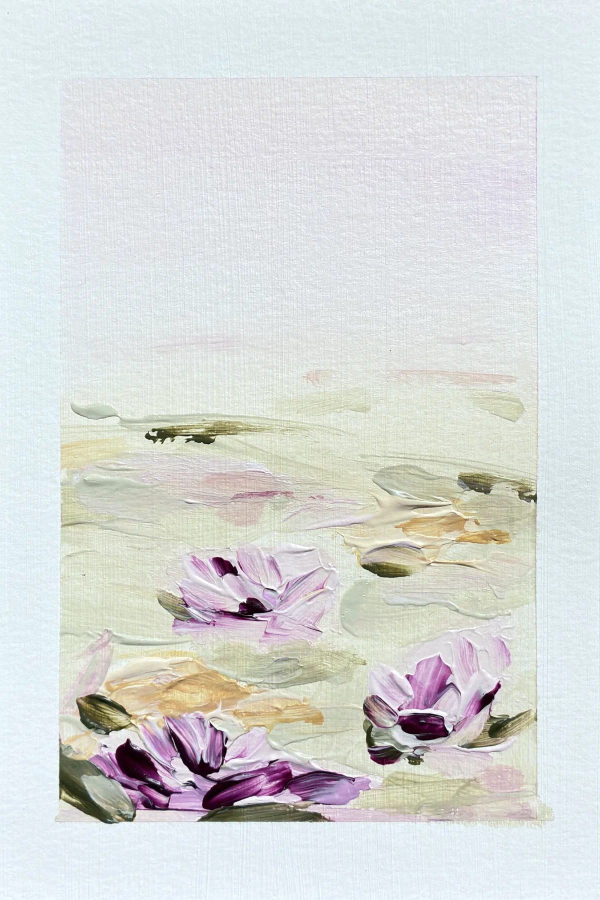 Soft Mist, an unframed impressionist painting of pink and purple flowers in a pale meadow